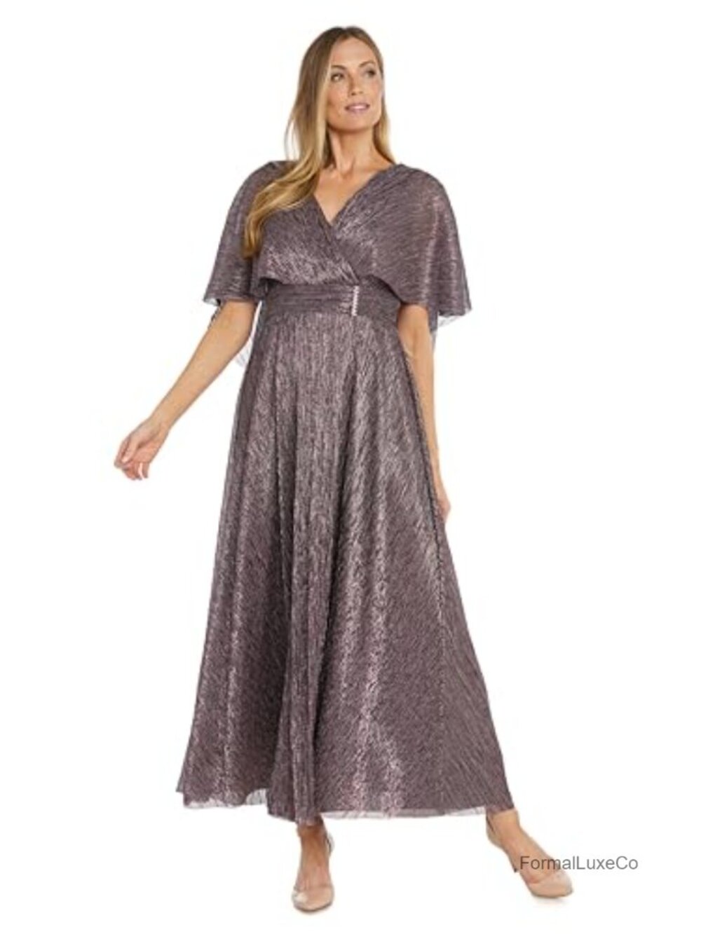R&M Richards Long Metallic Pleated Capelet Dress Mock Surplice Ruched Waist